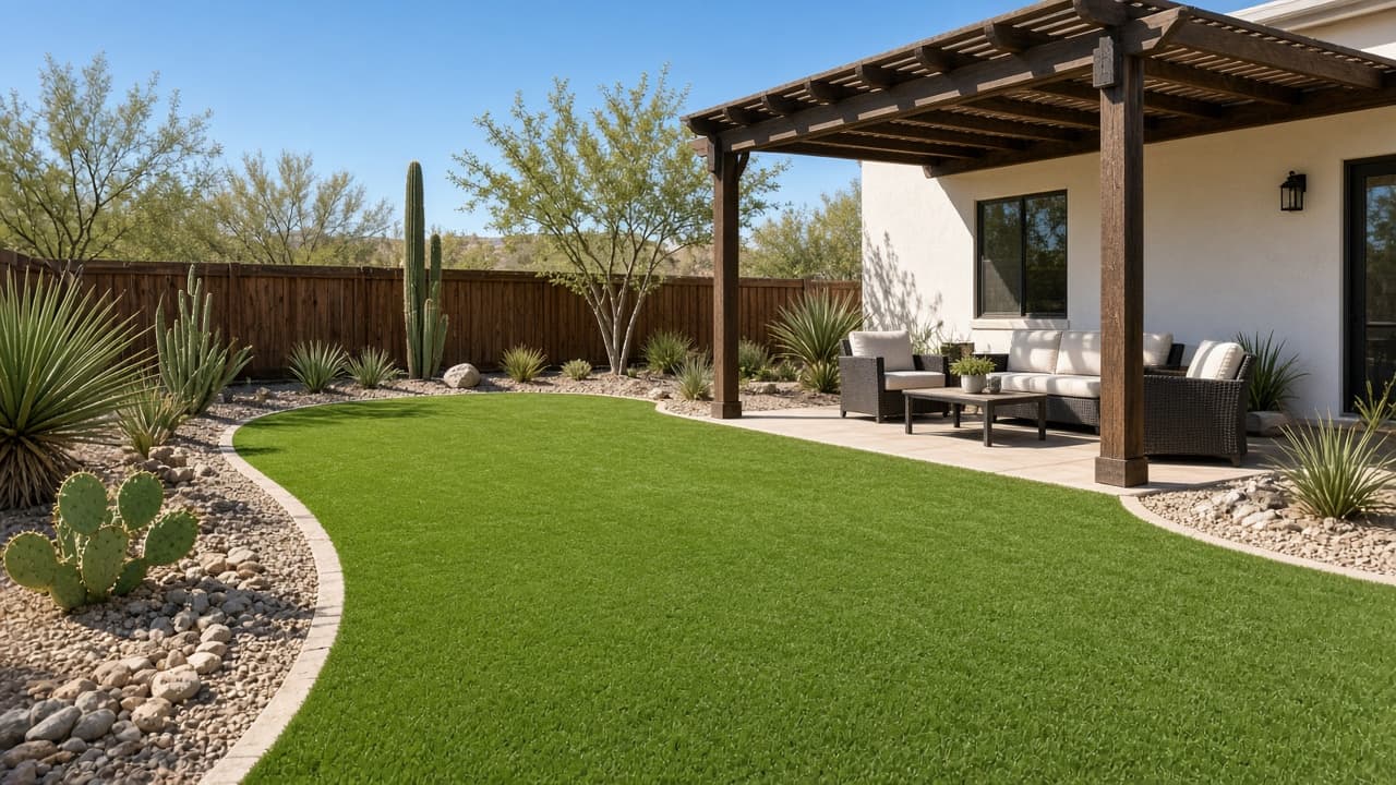 Artificial turf lawn with pergola shade patio
