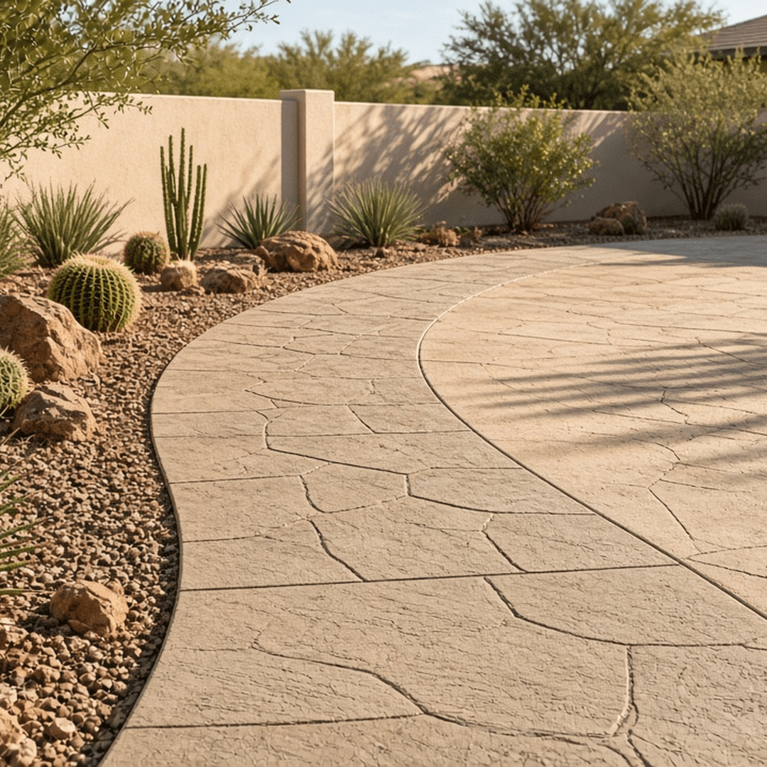 Stamped decorative concrete patio beside xeriscape beds