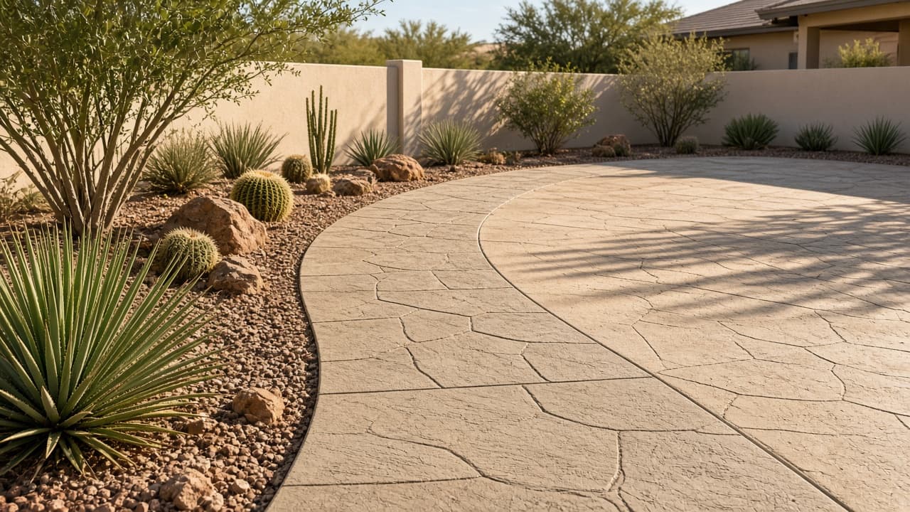 Stamped decorative concrete patio beside xeriscape beds