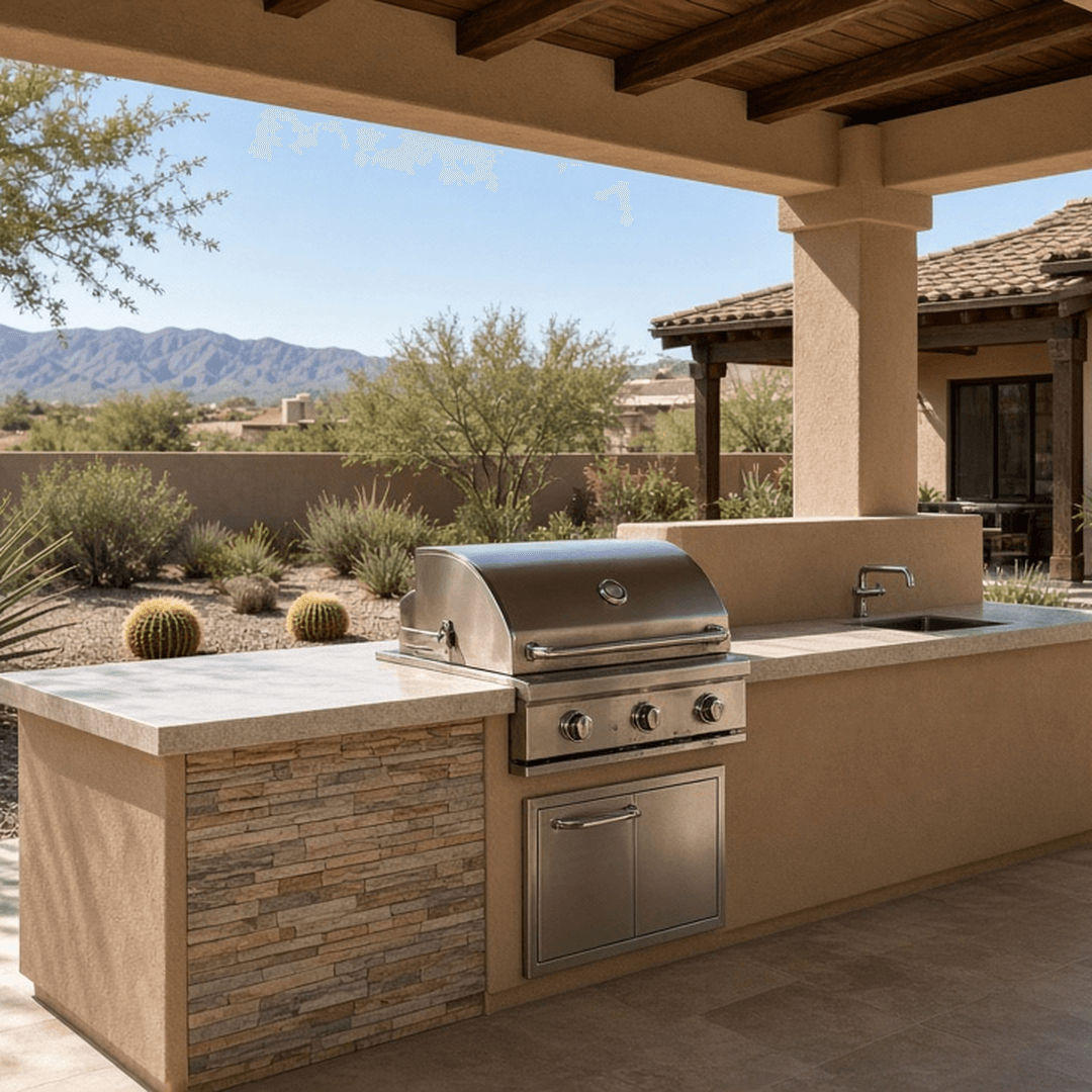 Built-in outdoor kitchen island under a covered patio