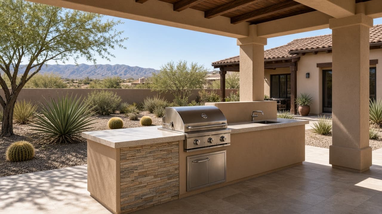 Built-in outdoor kitchen island under a covered patio
