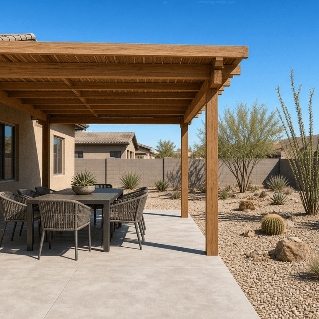 Wood patio cover over outdoor dining on concrete