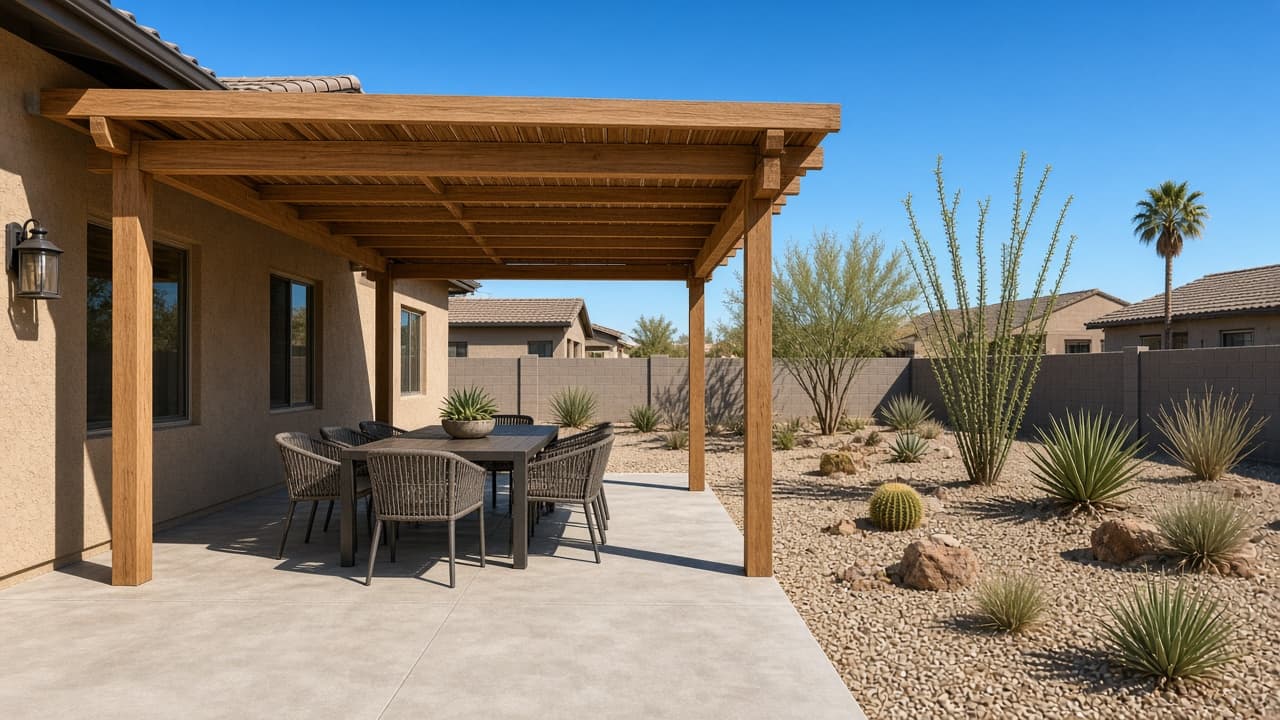 Wood patio cover over outdoor dining on concrete