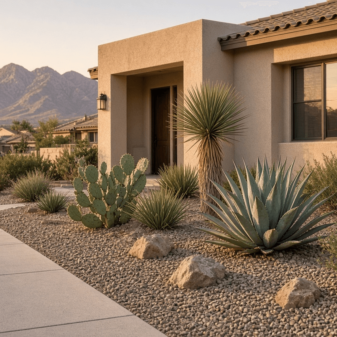 El Paso residential landscaping with gravel beds and desert plants