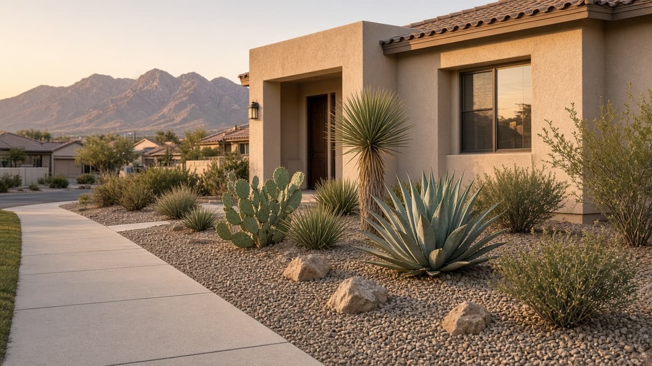 Finished desert landscape with gravel beds and desert plants