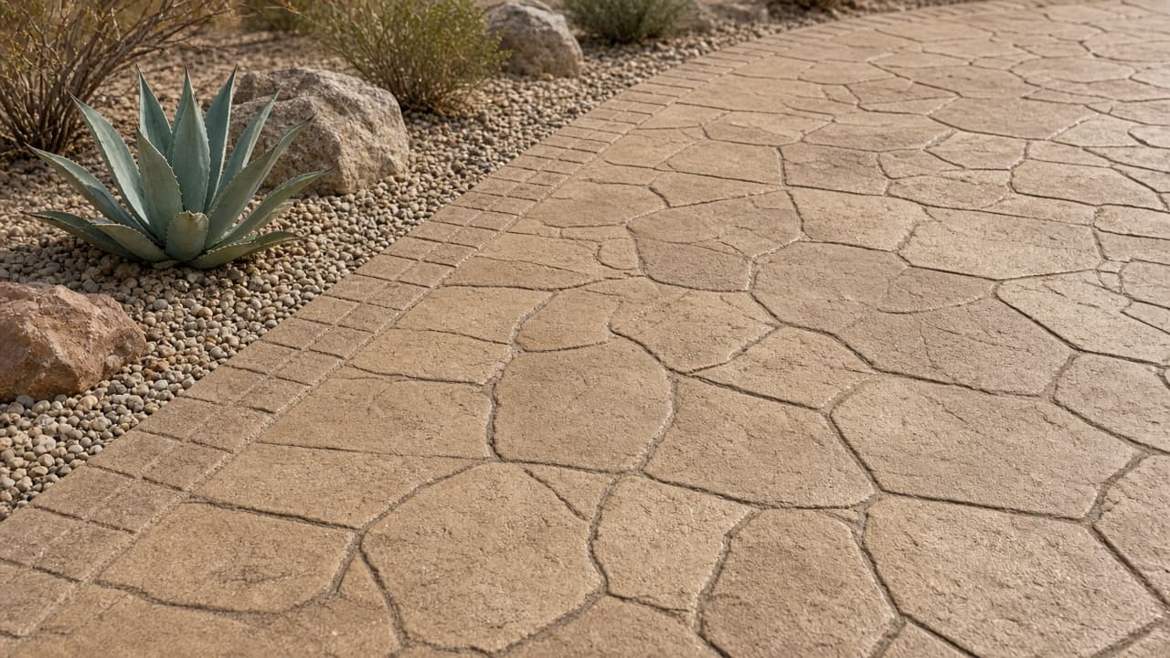 Close-up stamped concrete walkway texture